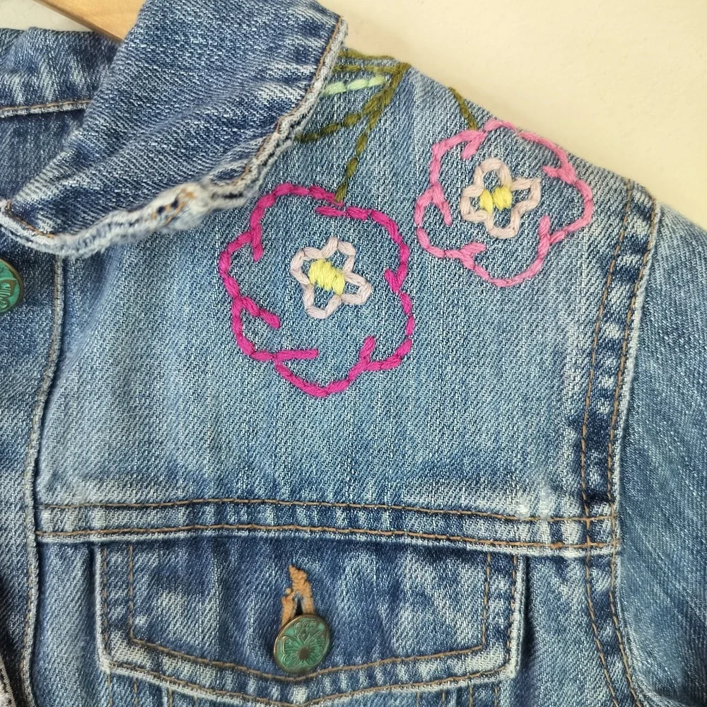 Gap Denim Jacket XL Girls Embroidered Floral Dragonfly Distressed